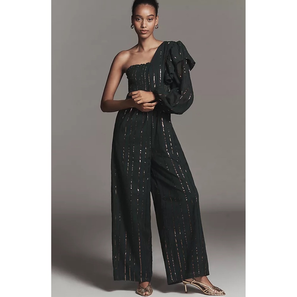 Farm Rio x Anthropologie One-Shoulder Stripe Jumpsuit Metallic Wide Leg Green